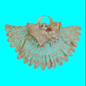 Vtg Handmade Hanging Doll Pin Cushion Crochet Doily Skirt Appliqués Ribbon 20x12